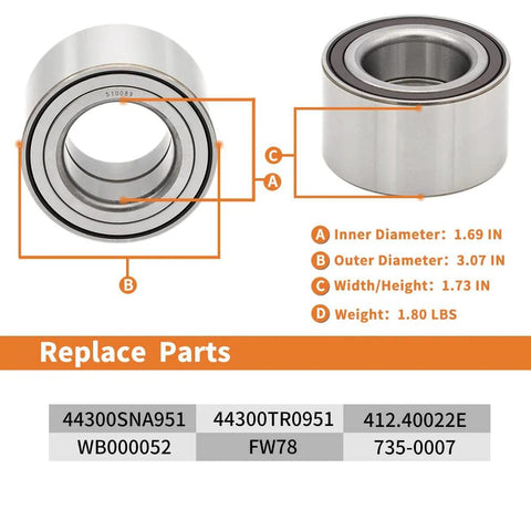 Dimensions of 510089 Front Wheel Bearing Hub Assembly for Honda Civic and Acura ILX with part numbers