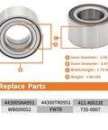 Detailed view of a front wheel bearing hub assembly for Honda Civic 2006-2020 and Acura ILX 2013-2014, showing dimensions and replace parts.