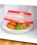 Red Collapsible Microwave Splatter Cover With Easy Grip Handle BPA Free TPR And PP Dishwasher Safe 10.5 Inch over food