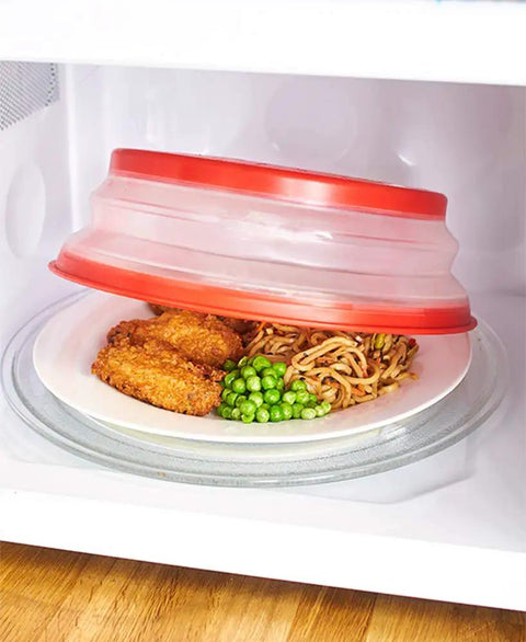 Red Collapsible Microwave Splatter Cover With Easy Grip Handle BPA Free TPR And PP Dishwasher Safe 10.5 Inch over food