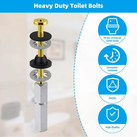 Rock Solid Universal Toilet Seat Bolt Kit Includes Four Heavy Duty Brass Fasteners With Corrosion Resistant Metal Nuts And Flanged Washers Plus Soft Rubber Gaskets For No More Drip Drama And Foolproof Swap Out, showing stacked toilet bolts.