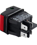 Four-pin black rocker style push button on off start stop switch for mechanical equipment and marine use, close-up view