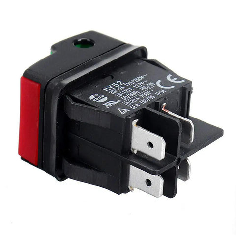 Four-pin black rocker style push button on off start stop switch for mechanical equipment and marine use, close-up view