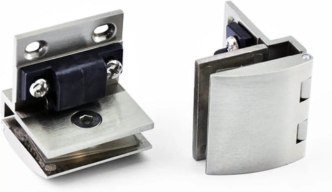 Premium Glass Hinge Set Four Piece Kitchen Bath Pivot Bracket Slick Chrome Finish for secure glass mounting.