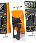 Dm850 Auto Range Digital Multimeter handheld voltage tester with resistance diode continuity, showing display and stand details