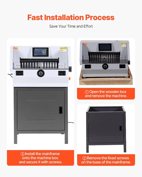 Installation steps for VEVOR Heavy Duty Electric Paper Cutter With 19 Inch Cutting Width and 3 Inch Depth cuts up to 800 sheets.