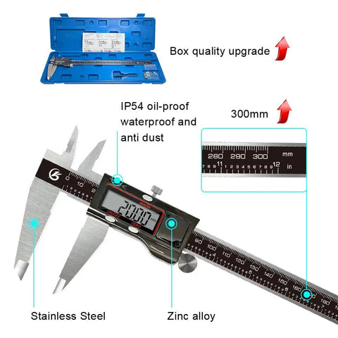 Digital Caliper 12 Inch 300mm Stainless Steel Vernier Measuring Tool With IP54 Splash Proof Electronic Micrometer LCD Display