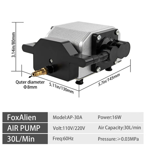 AP30A Portable Air Assist Pump with dimensions and specifications, adjustable airflow for CNC engraving machines, silver and black design
