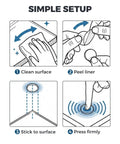 Rock Solid Clear Silicone Anti Slip Pads For Glass Tables And Desks With Zero Slide Grip And Protective Two Millimeter Cushion To Keep Furniture Locked Down In A Slick Thirty Six Pack setup instructions with clean surface, peel liner, stick and press steps.