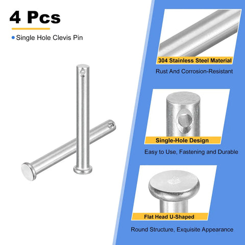 Four Pack 3/8 Inch By 3-1/8 Inch Single Hole Clevis Pins In 304 Stainless Steel Flat Head Heavy Duty Hitch Pin For Trailer Latches, Mechanic Repairs, Furniture Installations, And Industrial Equipment. 4 pcs shown