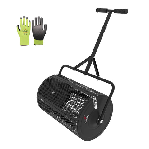 Heavy Duty 24 Inch Compost Spreader For Lawn And Garden With All Iron Build, Galvanized Finish, Mega 2.7 Cu Ft Mesh Basket, gloves