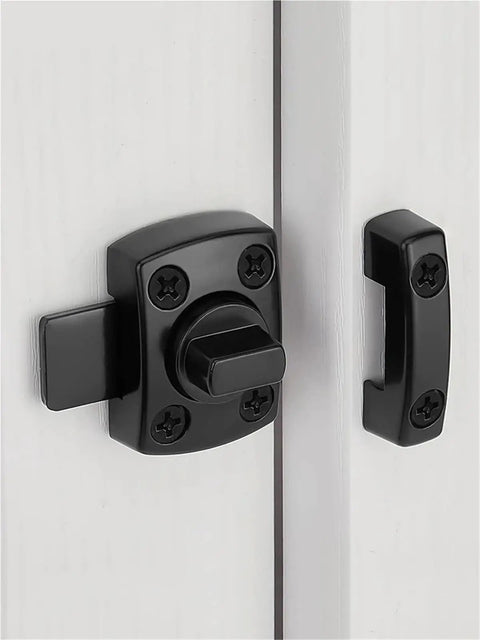 Gate Latch Slide Bolt Lock Rotating Hasp Latches Double Sided Locks in black, mounted on a white door with screws.