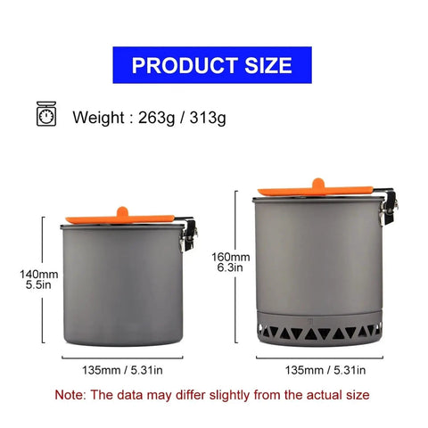 Ultimate Outdoor Cooking Set For Camping And Trekking With Ultra Lightweight Pots And Dishes showing pot sizes and weights
