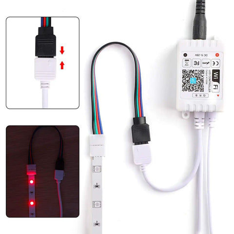 4 Pin 10mm LED Strip Connector Kit with 90 Degree Angled Jumpers connected to 5050 RGB rope lights, showing connection detail.