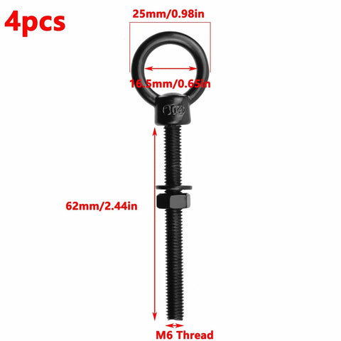 Heavy Duty Stainless Steel M6 Eyebolts With Lifting Ring Threaded With Washers And Nuts Black Finish 4 Piece Set For Indoor Outdoor Use Corrosion Resistant And High Strength, shown with dimensions.
