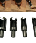 Upgrade Your Benchtop Game With This Slick Eight Piece Wood Plug Cutter And Dowel Maker Kit Featuring Straight And Tapered Drill Bits In Four Essential Metric Sizes - close-up of tapered and straight wood plug cutter bits.