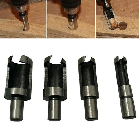 Upgrade Your Benchtop Game With This Slick Eight Piece Wood Plug Cutter And Dowel Maker Kit Featuring Straight And Tapered Drill Bits In Four Essential Metric Sizes - close-up of tapered and straight wood plug cutter bits.