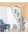 Thickened Stainless Steel 90 Degree L Shape Angle Brackets For Heavy Duty Framing And Shelving Installations mounted on wooden surface