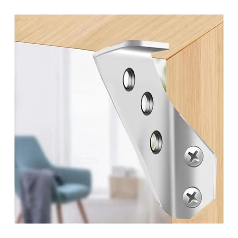 Thickened Stainless Steel 90 Degree L Shape Angle Brackets For Heavy Duty Framing And Shelving Installations mounted on wooden surface