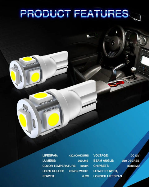 Upgrade Your Ride With 194 LED Bulbs Pack Of 10 6000K White T10 2825 W5W 5SMD shown with car interior in background