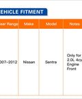 Vehicle fitment chart for Front Wheel Hub Bearing Assembly Set For Nissan Sentra 2007 Through 2012 2.0L Four Cylinder Engine