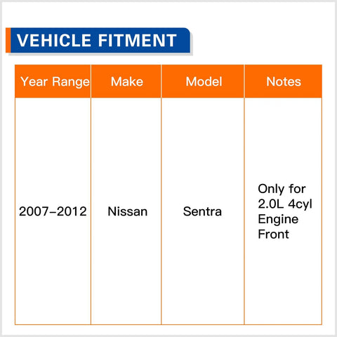 Vehicle fitment chart for Front Wheel Hub Bearing Assembly Set For Nissan Sentra 2007 Through 2012 2.0L Four Cylinder Engine