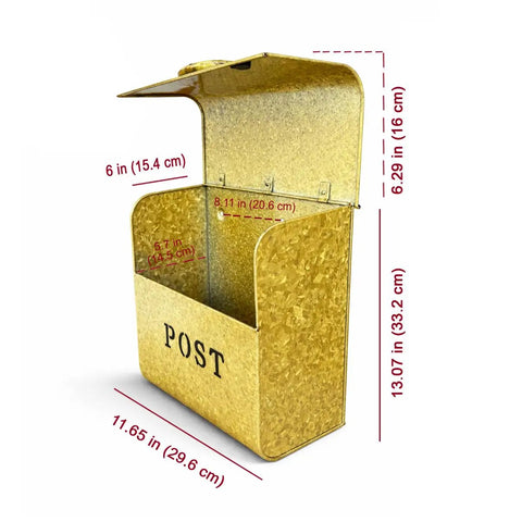 Rust Resistant Metallic Gold Wall Mount Mailbox Built Tough For Outdoors With Powder Coat Finish open showing interior size