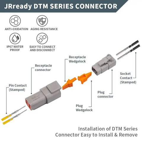 Beefy DTM 2-Pin Waterproof Sensor Connector Kit 4 Pairs With 20 AWG Stamped Terminals showing components and installation