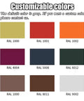 Color samples for customizable options including RAL 1000, RAL 1001, RAL 1002, RAL 4004, RAL 5008, RAL 8011, RAL 9002.
