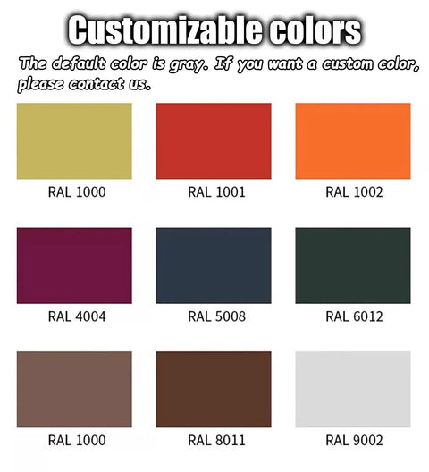 Color samples for customizable options including RAL 1000, RAL 1001, RAL 1002, RAL 4004, RAL 5008, RAL 8011, RAL 9002.