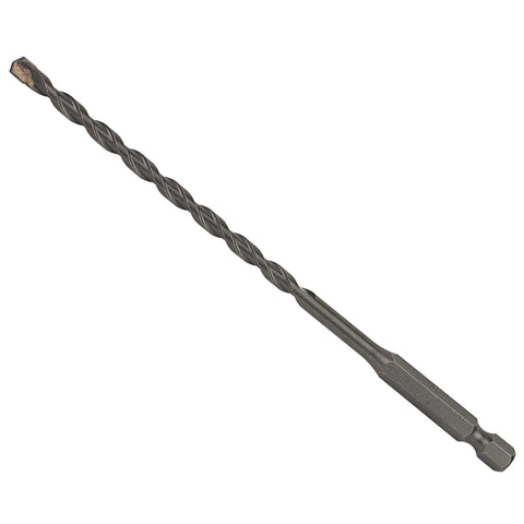 Sabre Tools masonry drill bit, 3/16 x 6 inches, carbide-tipped with 1/4 inch hex shank, side view