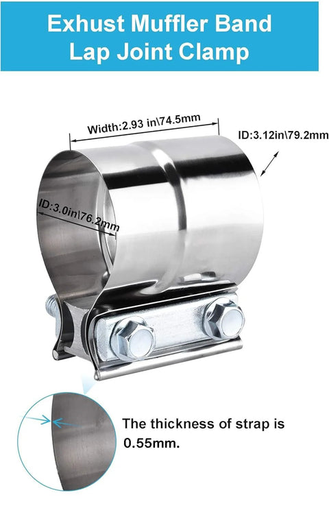 Exhaust clamp, 2-pack, 2.5-inch lap-joint, 304 stainless steel for muffler repair