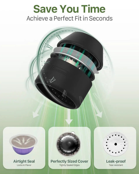 Reusable VertuoLine Capsule Kit for Nespresso Pods with aluminum foil seals, showing airtight and leak-proof features.