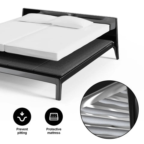 Straight Up Game Changer Queen Bunkie Board 60x80 Ultra Slim Bed Platform under mattress on black frame, providing strong support.
