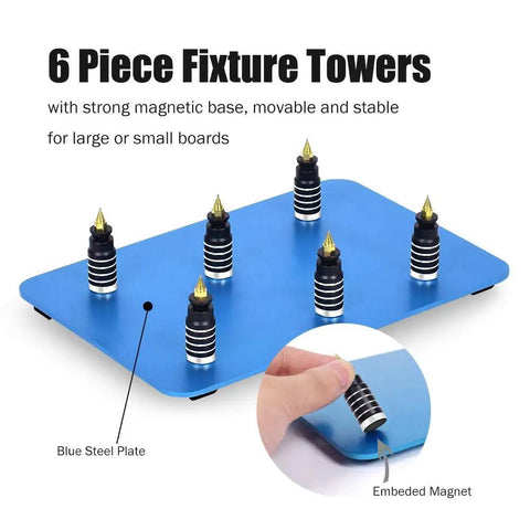 Six Piece Soldering Helping Hands Set for PCB Boards ESD Safe Metal Magnetic Fixture Tower with Blue Steel Base