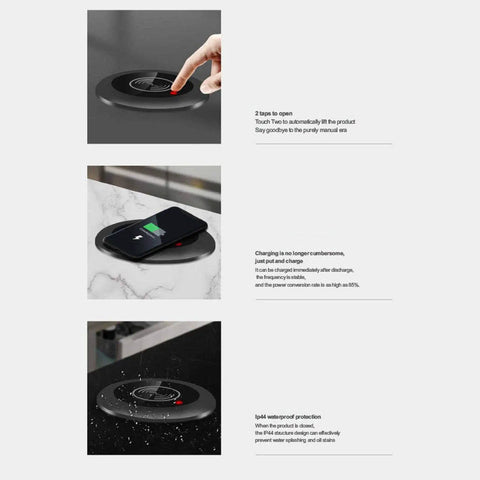 Waterproof Pop Up Power Strip With Smart Lifting Mechanism For Desk And Kitchen showing touch activation and charging feature.
