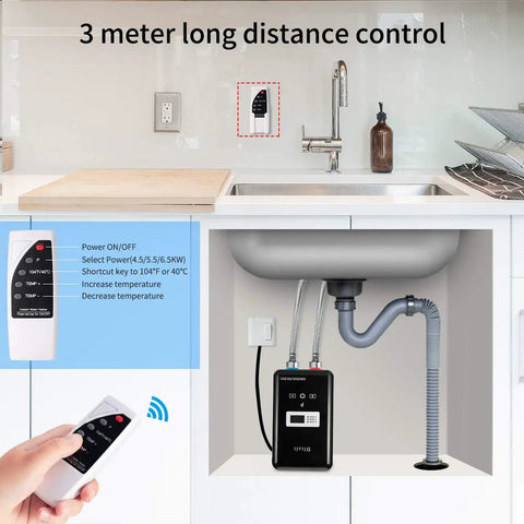 Compact 6.5KW Tankless Electric Water Heater With Remote Control And Digital Display installed under sink