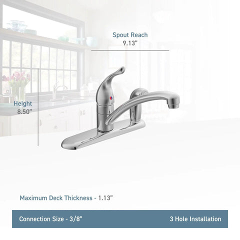 Chateau Chrome One-Handle Low Arc Kitchen Faucet With Side Sprayer in Deck Plate for 3-Hole Setup with dimensions displayed.