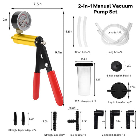 Pro Grade Two In One Brake Bleeder Kit With Handheld Vacuum Pump And Precision Pressure Gauge displaying components and measurements.
