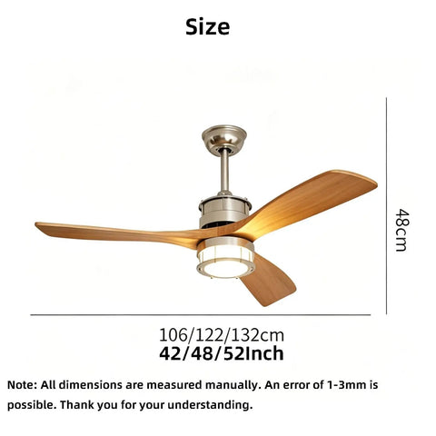 YPDJVLTI 106-132cm Ceiling Fans Lights LED Fandelier with wooden blades, measuring 48cm height, showcasing size information.