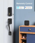 Smart WiFi Door Lock With Keyless Entry And Keypad Digital Electronic Door Lock Passcode Access Remote Mobile App Control Easy Install Tight Security For Your Home Black installed on white door with control hub nearby, showcasing Amazon Alexa and Google Assistant compatibility, providing modern home security.