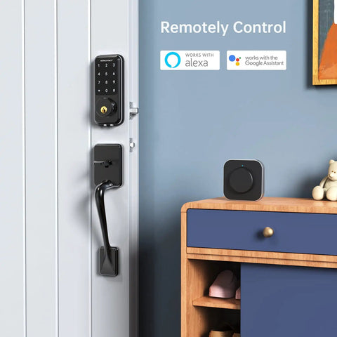 Smart WiFi Door Lock With Keyless Entry And Keypad Digital Electronic Door Lock Passcode Access Remote Mobile App Control Easy Install Tight Security For Your Home Black installed on white door with control hub nearby, showcasing Amazon Alexa and Google Assistant compatibility, providing modern home security.