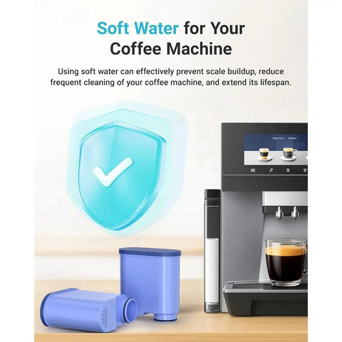 Solid Replacement For Home Brewing Equipment Water Filter Cartridge With Slick Slim Profile To Securely Fit Confined Tank Layouts For Steady Install And Crisp Daily Drinks Built Tight, shown in blue with coffee machine.