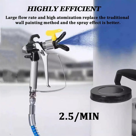 Heavy Duty Airless Paint Sprayer With Adjustable Pressure Control Portable Hose Wall Spray Gun 2 Liter Tank Smooth Atomized Finish showing spray action.
