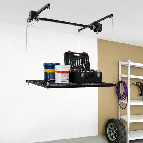 Hardcore Adjustable Overhead Garage Storage Rack With 300 Pound Capacity Rustproof Carbon Steel Ceiling Mount Hanger holding tools and paint cans.