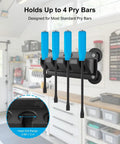 Magnetic Four Slot Pry Bar Holder With Wall Mount Option in garage holding four pry bars, grooved slot design visible.