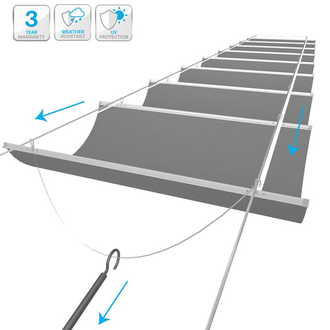 7 Ft W X 16 Ft L Retractable Pergola Shade Cover for Outdoor Patio Waterproof Canopy Replacement with Slide On Wire Cable Light Grey 240GSM Fabric UV Protection Easy Adjustment shown installed with sliding mechanism and UV protection features visible.