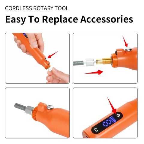 No-Drama Cordless Rotary Tool Kit With Nine Precise Speed Settings And Fast Usb Recharge showing easy accessory replacement feature.