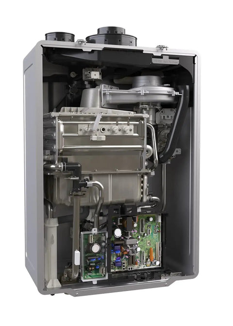 Heavy Duty Tankless Water Heater Indoor Outdoor Propane Natural Gas Compatible open view showing internal components and smart control system.