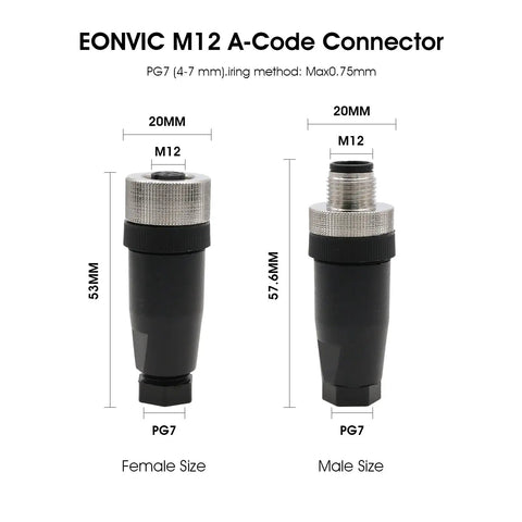 2-Pack M12 5-Pin Female A Code Circular Aviation Plug Waterproof IP67 Sensor Connector 60V 4A Straight Cable Plug Adapter